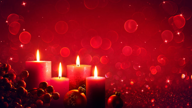 Four Red Candles With Christmas Ornament In Shiny Glitter