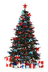 Christmas fir tree with ornaments and gift boxes isolated on white background