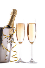 Bottle in metal bucket and glasses with champagne isolated on white background