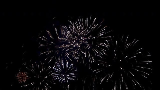 Many flashing colourful fireworks in event amazing with black background celebrate New Year, holiday and festival in night.