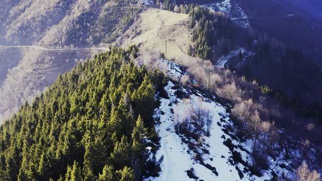 Foggy mountain forest aerial with ice frost covered trees in Winter drone flight establisher. Winter forest aerial