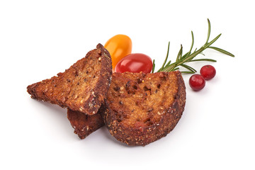 Crispy rye croutons, isolated on white background