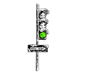 Traffic lights with snow and New Year arrow. Line art style.