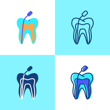 Root canal treatment icon set in flat and line style