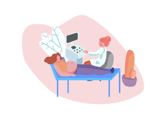 Prenatal care. Pregnant woman doing ultrasound in a hospital. Flat vector illustration.