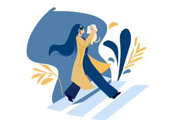 Beautiful woman taking a dog across the street. Vector illustration.