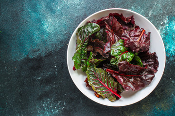 salad chard (appetizer serving plate, red chard) menu concept. food background. top view. copy space