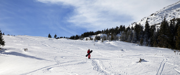 Snowboarder on snow off-piste slope with snowboard in hands at sun winter morning