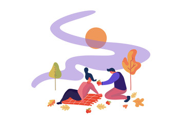 Couple on a picnic in the park during the autumn. Colorful vector illustration.