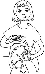 A cat sits on the girl’s. In one hand the girl holds a sandwich in the other mug.  The girl is very passionate about something and does not see that the cat is drinking from her mug.