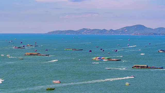 4K.Time lapse  View of Pattaya Bay with a speedboat sailing back and forth   Pattaya city Chonburi Thailand