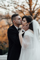 Stylish and beautiful. Newlyweds in a autumn park outdoors. The groom in a black suit. Happy and young married couple. Autumn wedding