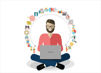 Hands holding megaphone, mail, start up and target coming out from laptop, digital marketing vector concept. Vector flat design illustration.