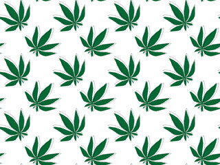 Naklejka na ściany i meble Cannabis leaf seamless pattern from outlines drawn in one line and green substrates on a white background. Vector.