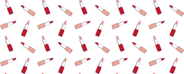 Seamless pattern of lipsticks from the contours drawn in one line and colored substrates on a white background. For fabric, textile, wrapping paper, etc. Vector.