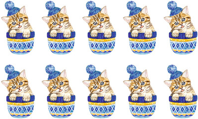 Pattern with red cat in blue knitted hat