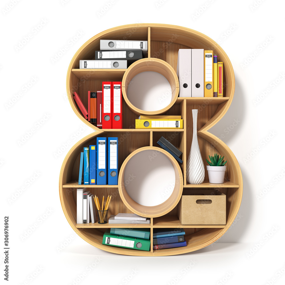 Poster number 8. alphabet in the form of shelves with file folder, binders and books isolated on white. arc