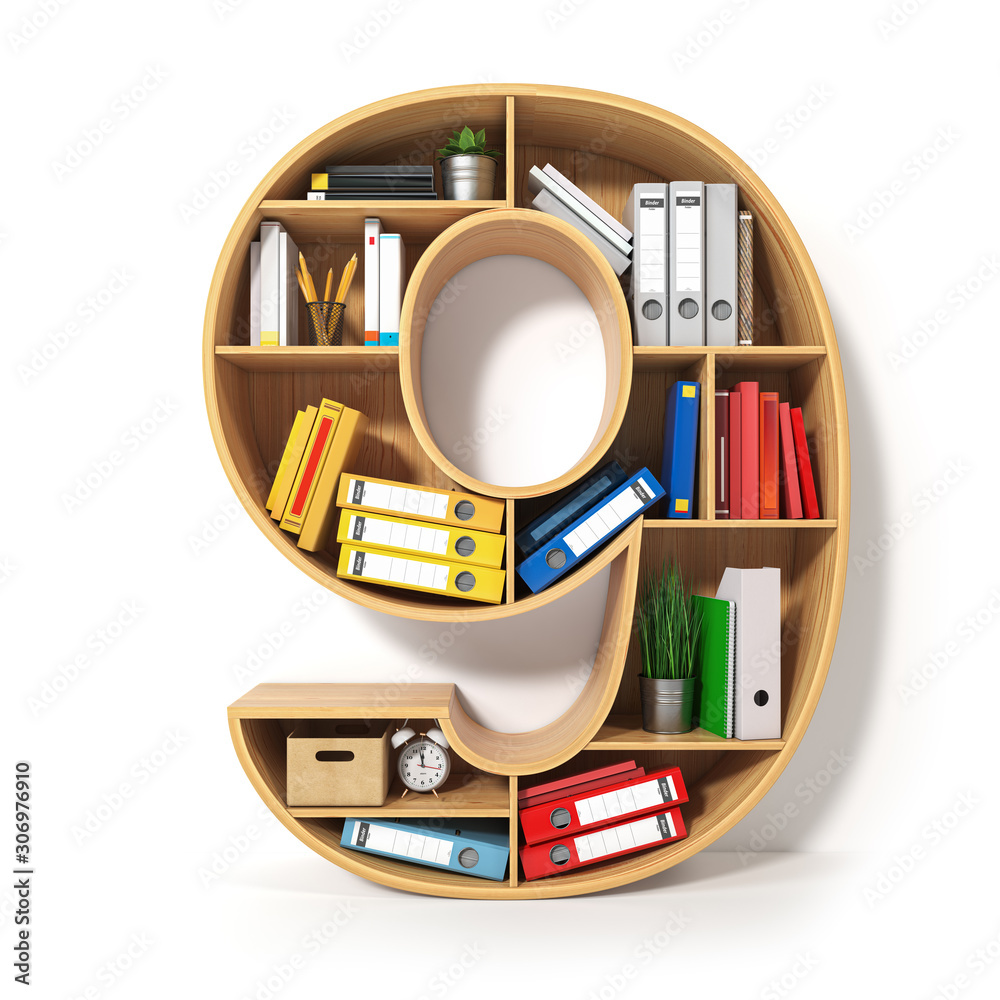 Poster number 9. alphabet in the form of shelves with file folder, binders and books isolated on white. arc
