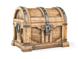 Old wooden chest box with treasure isolated on white background.
