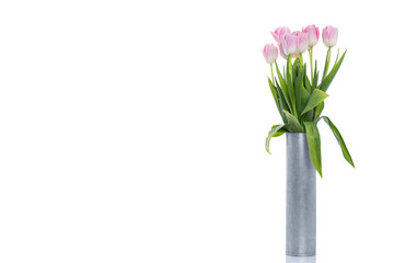 Bouquet of beautiful pink tulips on white background.