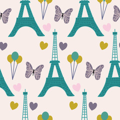 Fototapeta na wymiar Eiffel tour, butterfly. and baloons in a seamless pattern design
