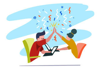 High - Five! Coworkers celebrating success. Vector illustration