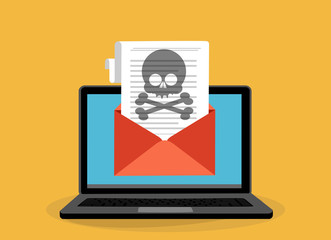 Laptop with open envelope and skull on the screen. Concept of virus, piracy, hacking and security. Flat vector illustration.