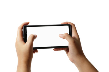 Hand pressing the phone white background