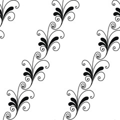 Seamless floral pattern, black contour flowers on white background. Vintage ornament with leaves and whorls. Design for web page, textures, card, poster, fabric, textile.