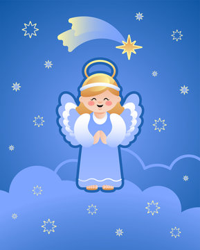 Cute illustration of an Angel on the clouds and the falling star of Bethlehem. Vector illustration.
