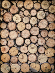 Abstract wooden background with a round slices of lumber. Natural wallpaper with firewood texture -...
