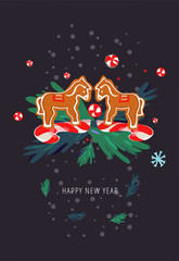 Two gingerbread pony figures with candies and pine tree on dark background. Holiday greeting card with gingerbread figure and candies. Flat vector illustration.