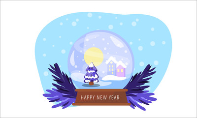Cute Christmas snowball with winter landscape. Flat vector illustration.