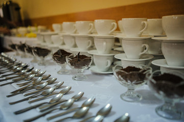 The elegant dinner table. Wedding table setting.