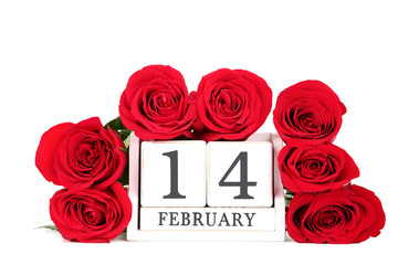 Bouquet of red roses with wooden calendar isolated on white background