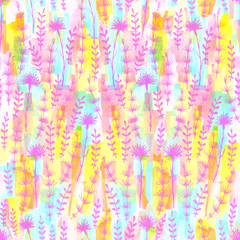 Fototapeta na wymiar Abstract flowers and leaves mix repeat seamless pattern. Watercolor and digital hand drawn pattern. mixed media background for textile decoration and design