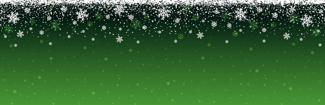 Green Christmas banner with snowflakes. Merry Christmas and Happy New Year greeting banner. Horizontal new year background, headers, posters, cards, website.Vector illustration