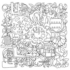 Creative black pen steampunk mechanical floral background pattern made of gears with flowers and leaves on white background. Colouring pages. Vector illustration.