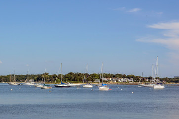 Fototapeta na wymiar Numerous boats moored in a harbor off the coast of Rhode Island
