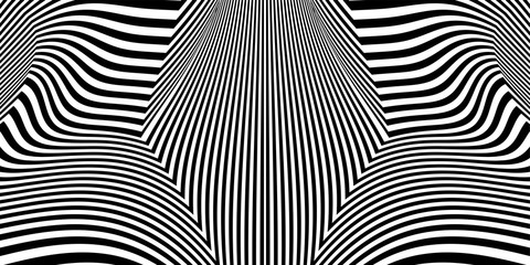 Abstract black and white striped background. Geometric pattern with visual distortion effect. Optical illusion. Op art.