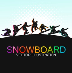 Snowboard, snowboarders, snowboarding extreme winter sport people silhouettes vector illustration, riding a board, tricks