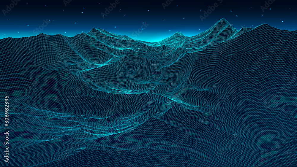 Poster vector wireframe 3d landscape. vector perspective grid. network of connected dots and lines. detaile