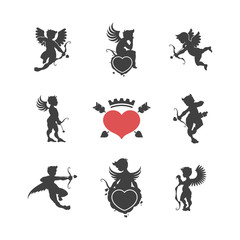 Set of vintage cute cupid silhouettes and hearts shapes for decoration greeting cards or banners