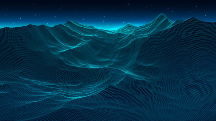 Vector wireframe 3d landscape. Vector perspective grid. Network of connected dots and lines. Detailed lines on gradient background.