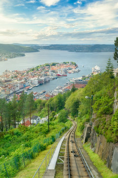 Amazing views of Bergen city from the top of Mount Fløyen in Norway.