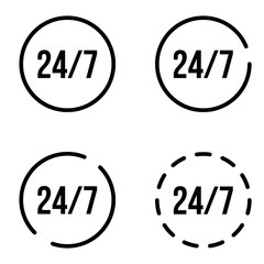 24/7 Service open 24h hours a day and 7 days a week.  Assistance, support, shopping icon. Simple illustration set of 24/7 elements, editable icons, can be used in logo, UI and web design