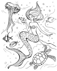 Hand drawn mermaid and jellyfish, sea turtle, fish isolated on white background. Back and white vector illustration. Siren. Sea theme. Template for greeting card, postcard, print, coloring book.