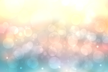 Obraz premium Abstract blurred fresh vivid spring summer light delicate pastel yellow pink orange turquoise bokeh background texture with bright circular soft color lights. Beautiful backdrop illustration.