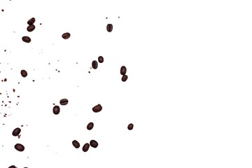 Blurred a pile of coffee beans with instant coffee powder on white isolated background 