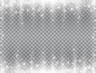 Snow falling frame. Bright magic Christmas design on transparent background. Glitter snowflakes, sparkling snowfall and glowing particles. Winter backdrop with realistic snow. Vector illustration